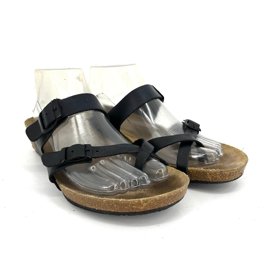 Lola Sabbia‎ black leather cork thong adjustable strap slide sandals 38 US7.5